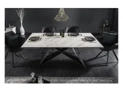 Mesa de comedor ATARA 180–260 cm – Superficie de cerámica efecto mármol blanco y metal negro