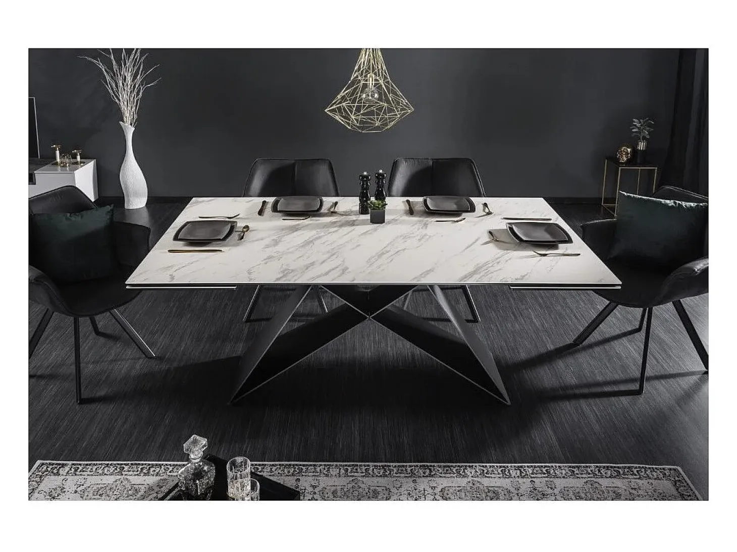 Mesa de comedor ATARA 180–260 cm – Superficie de cerámica efecto mármol blanco y metal negro
