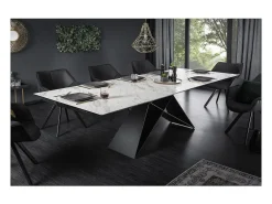 Mesa de comedor ATARA 180–260 cm – Superficie de cerámica efecto mármol blanco y metal negro