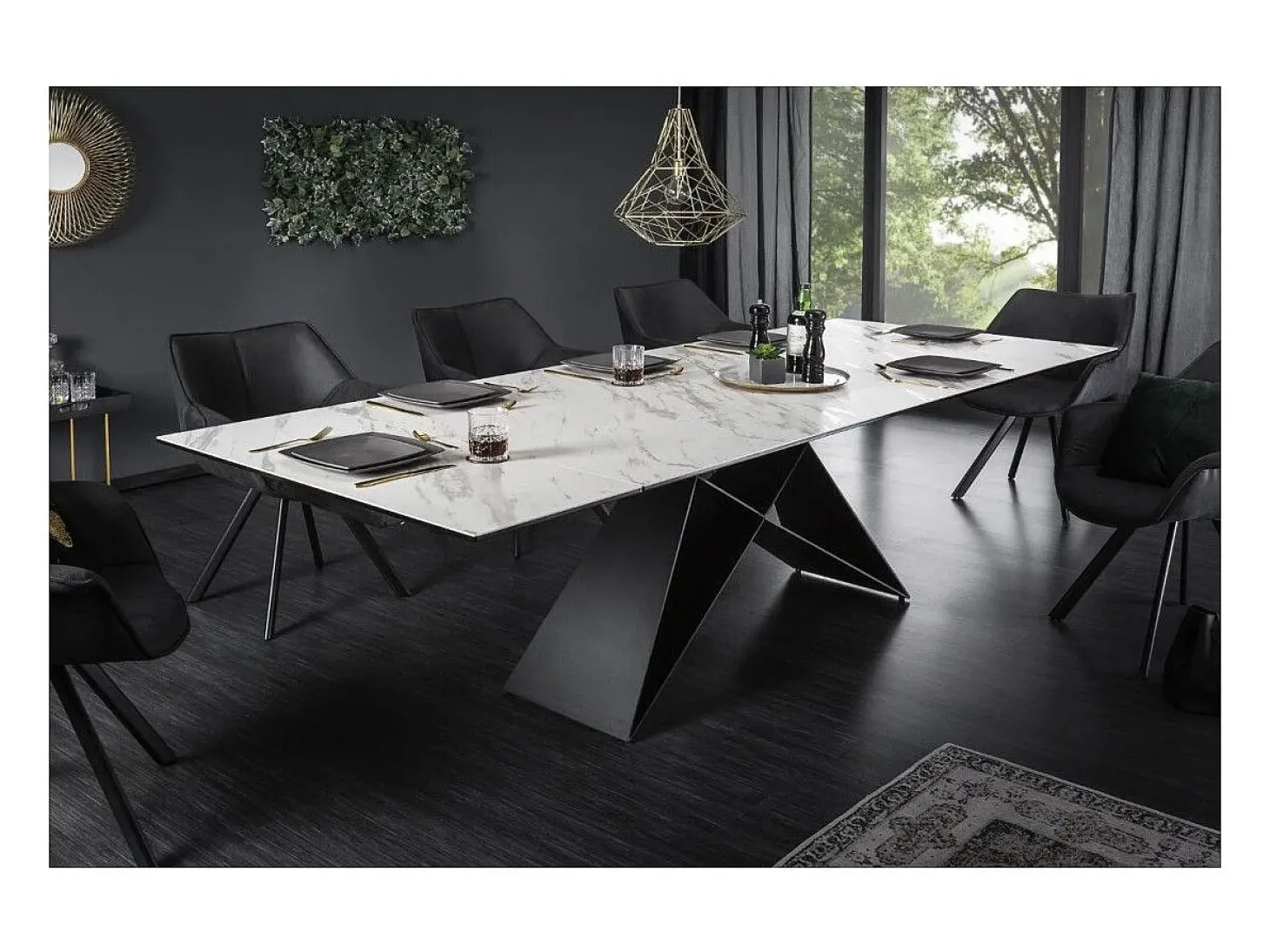 Mesa de comedor ATARA 180–260 cm – Superficie de cerámica efecto mármol blanco y metal negro