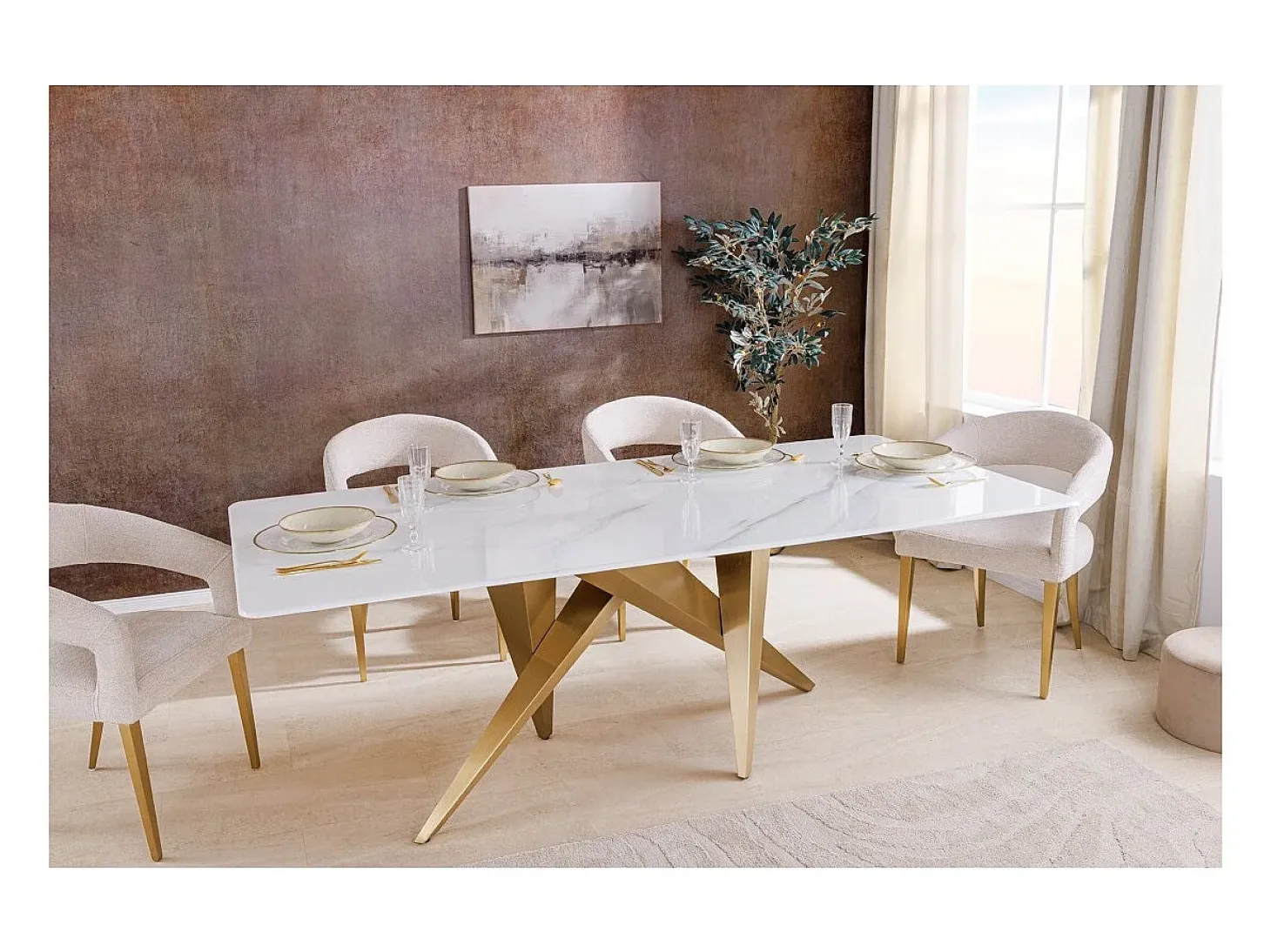 Mesa de comedor AXIS – Rectangular 200 cm – Efecto mármol blanco – Patas de metal color oro – Estilo chic