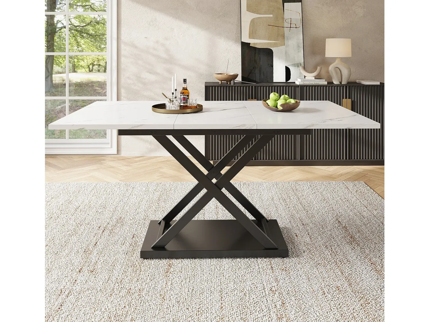 Mesa de comedor blanca - Mesa de comedor extensible con patas de hierro negro - para cocina y sala de estar