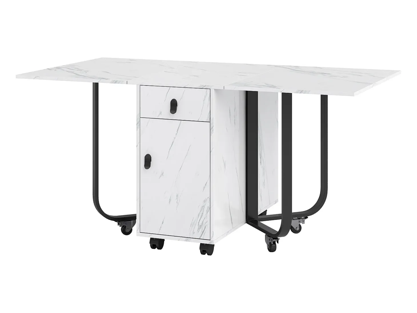 Mesa de comedor blanca con ruedas - Mesa de comedor plegable con 2 cajones y 2 puertas - 4 patas negras