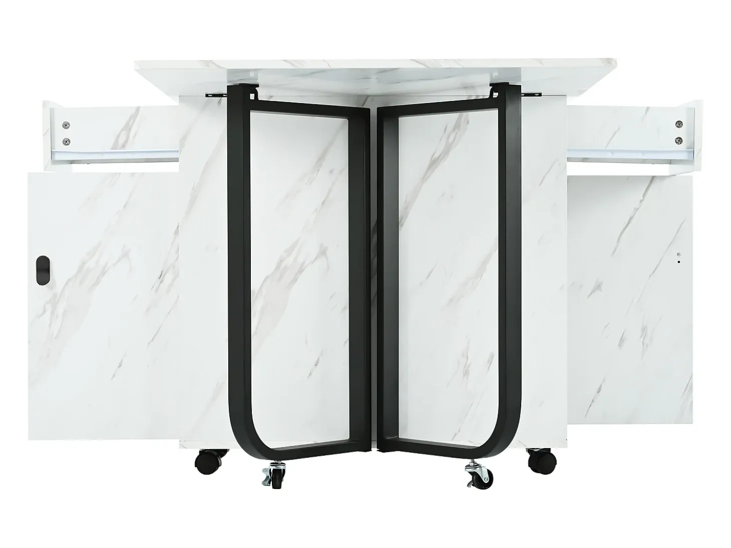 Mesa de comedor blanca con ruedas - Mesa de comedor plegable con 2 cajones y 2 puertas - 4 patas negras