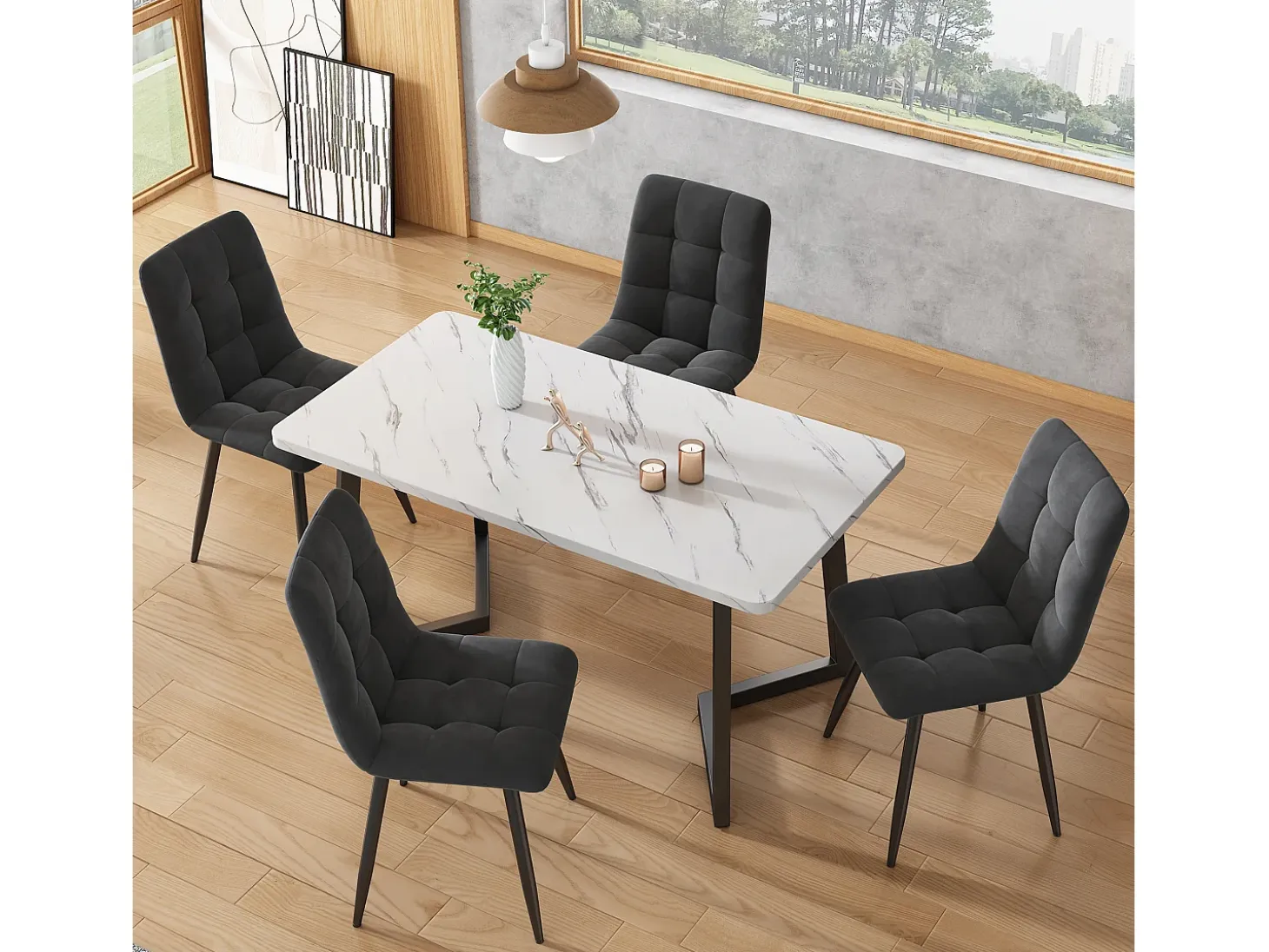 Mesa de comedor chapada efecto mármol blanco, 4-6 plazas, 117x68cm, fabricada en MDF, patas de metal negro.