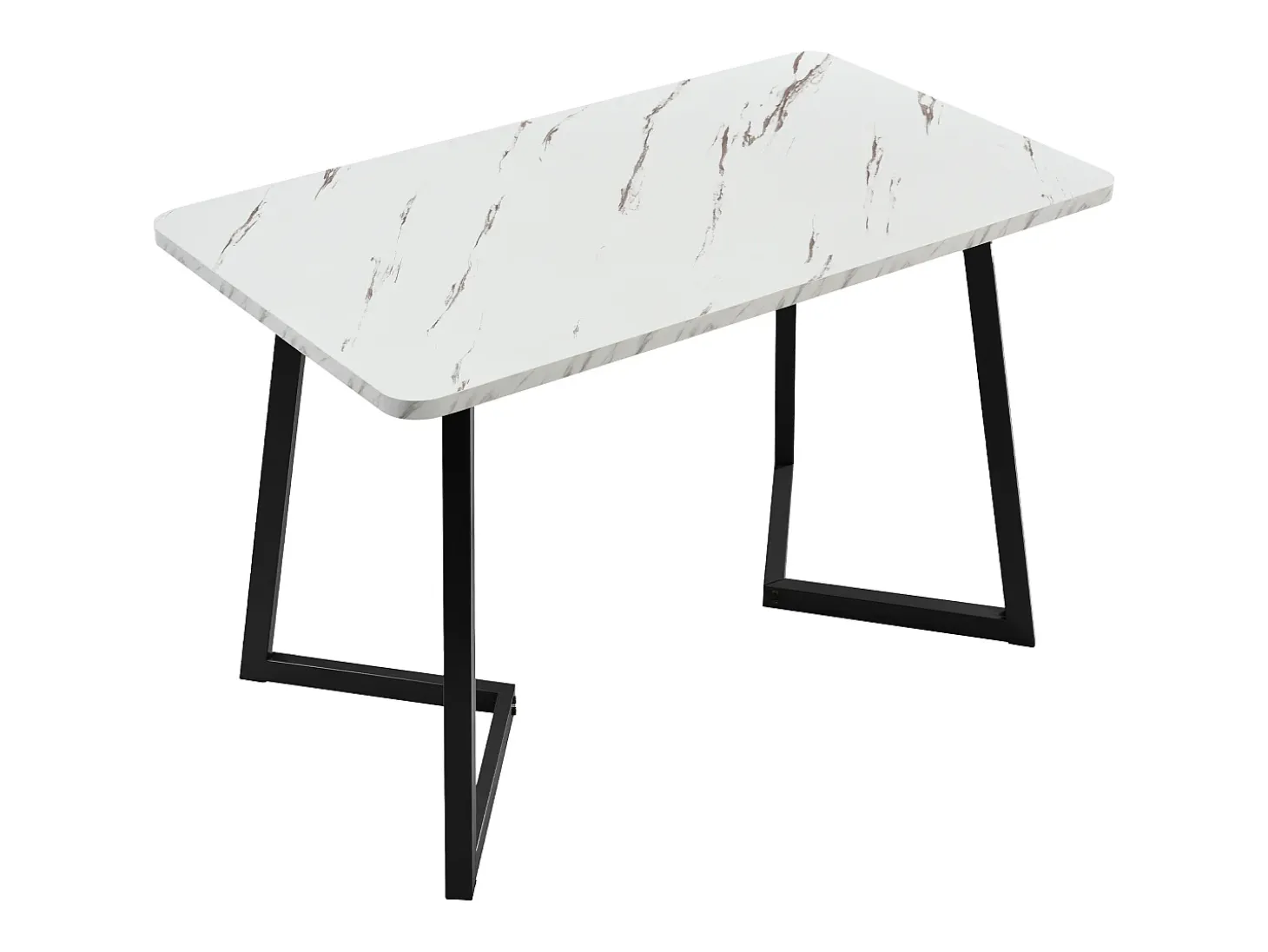 Mesa de comedor chapada efecto mármol blanco, 4-6 plazas, 117x68cm, fabricada en MDF, patas de metal negro.
