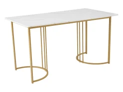 Mesa de comedor chapada en mármol blanco para 4-6 personas 140x80cm en MDF, patas de metal dorado