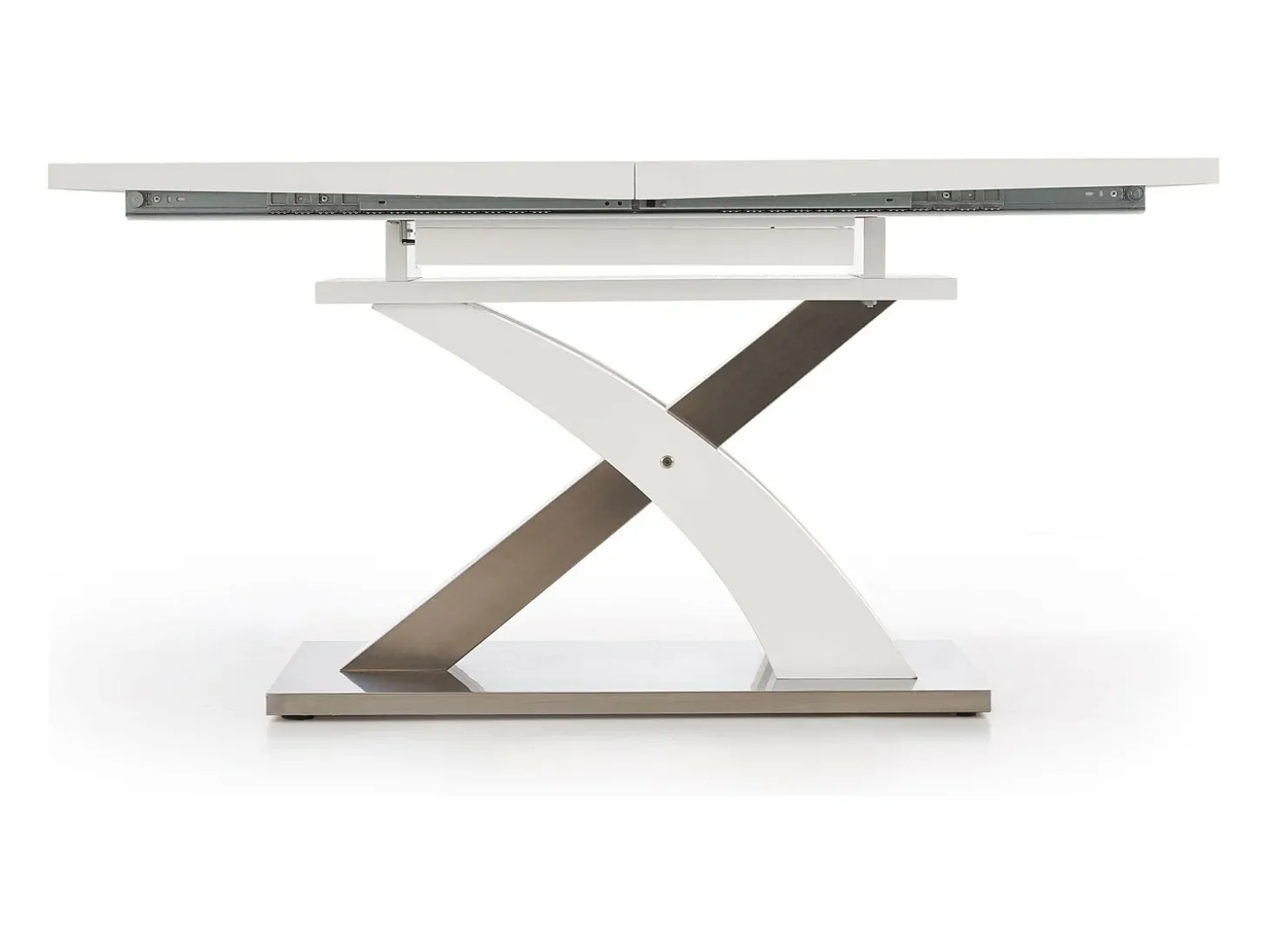 Mesa de comedor Cleo de diseño en lacado blanco y cristal con hoja extensible