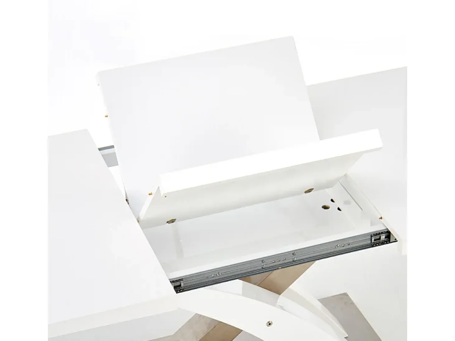 Mesa de comedor Cleo de diseño en lacado blanco y cristal con hoja extensible