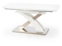 Mesa de comedor Cleo de diseño en lacado blanco y cristal con hoja extensible