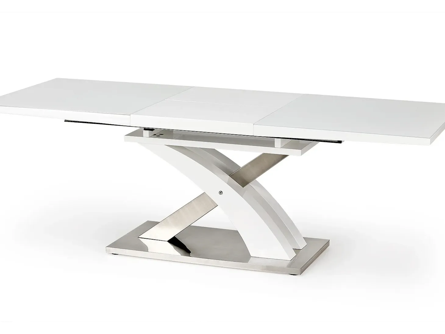 Mesa de comedor Cleo de diseño en lacado blanco y cristal con hoja extensible