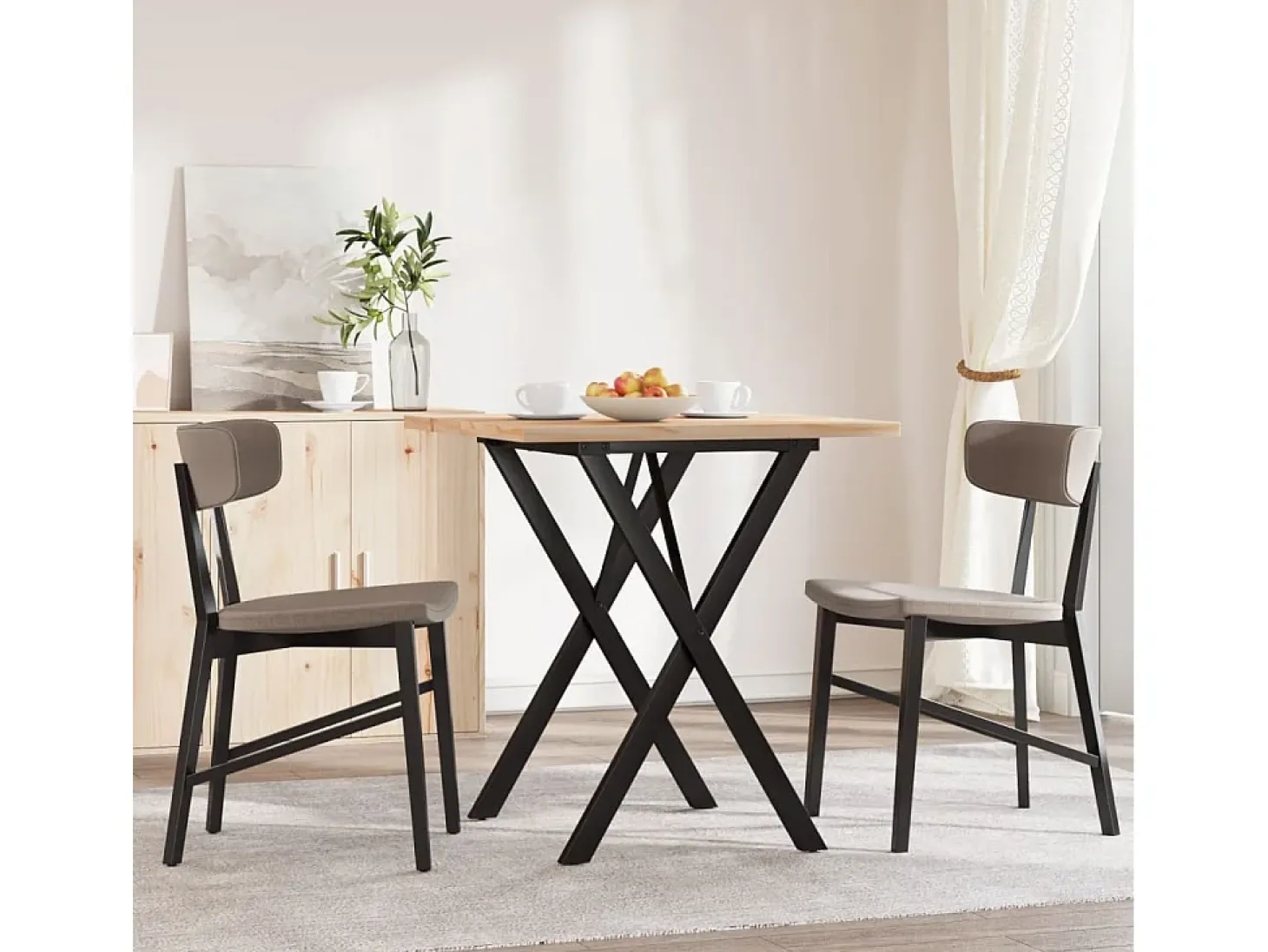 Mesa de comedor con estructura en X de 70x70x75,5 cm, madera maciza de pino y acero.