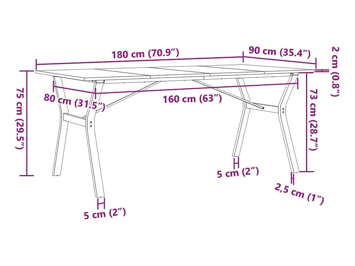 Mesa de comedor con estructura en Y 180x90x75 cm madera maciza de pino acero