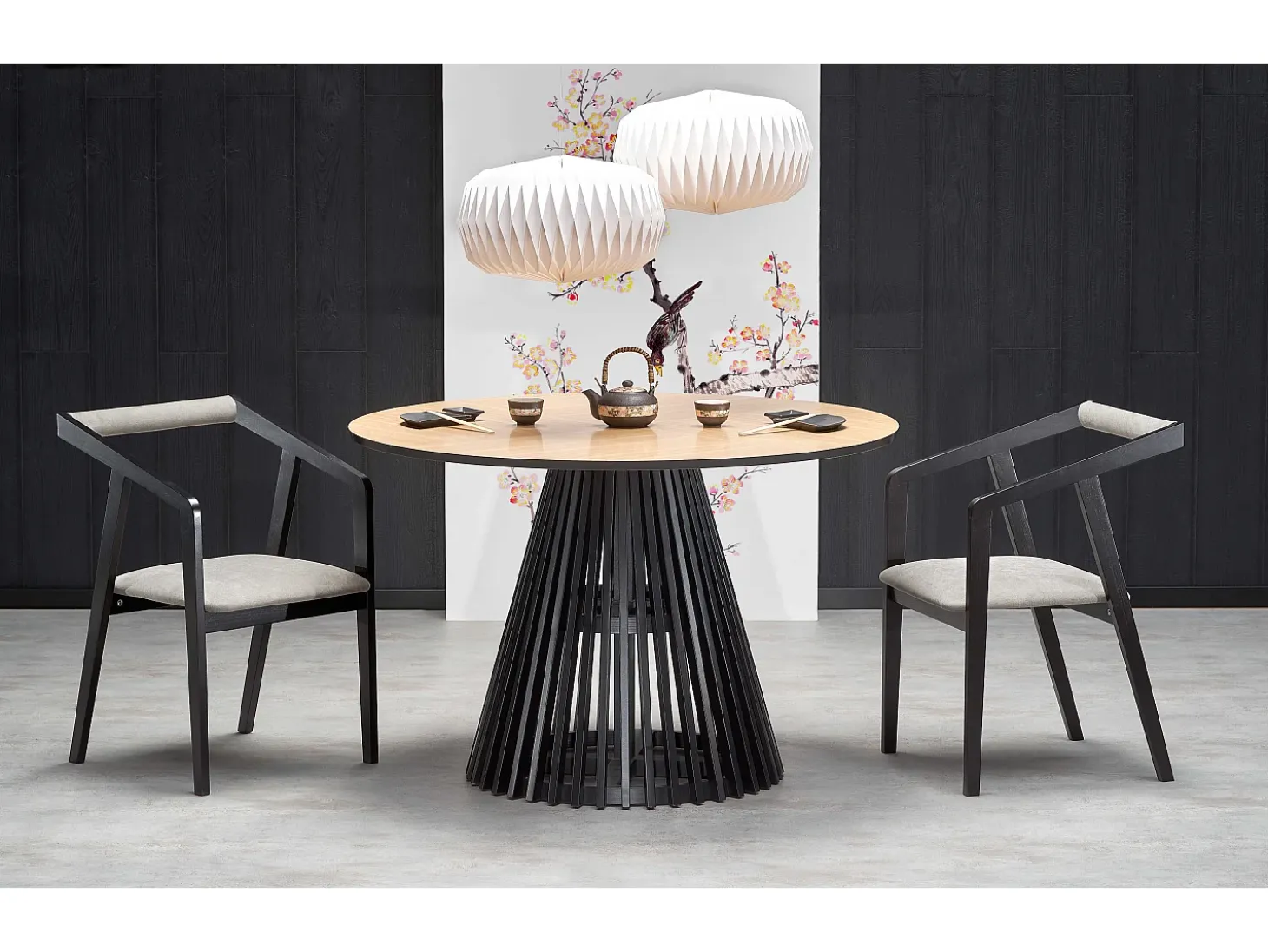 Mesa de comedor contemporánea redonda con tablero de aspecto roble natural y pata central negra OCTANT