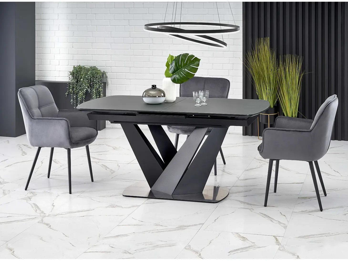 Mesa de comedor contemporánea extensible SHIELD gris y negra con pata central