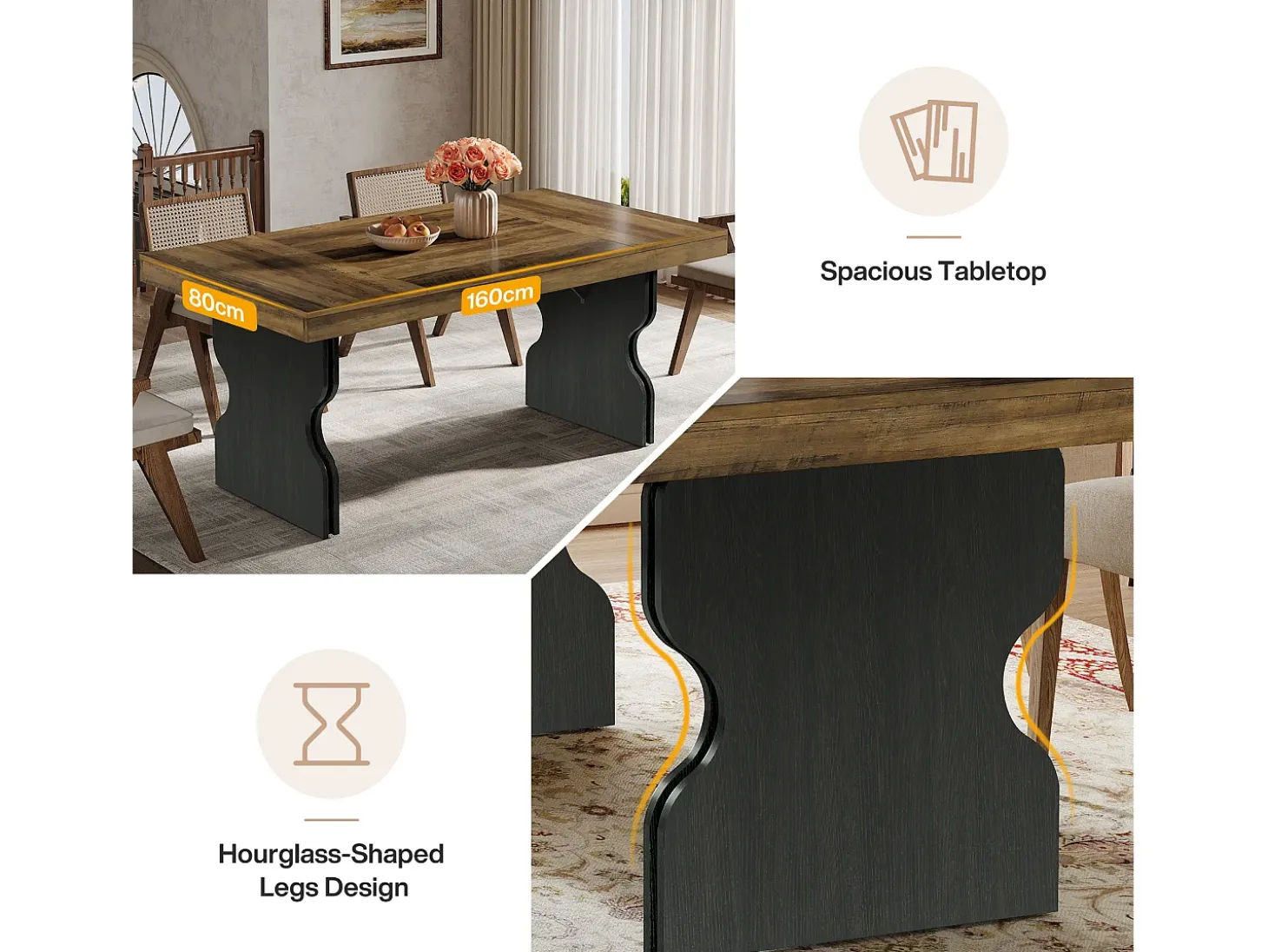 Mesa de comedor de 160 cm para 4-6 personas, mueble de cocina y comedor estilo campesino con patas en forma de reloj de arena, marrón y negro (solo la mesa)