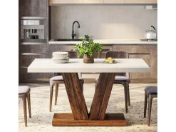 Mesa de comedor de 120 cm para 4 personas, mesa de cocina blanca con pedestal robusto