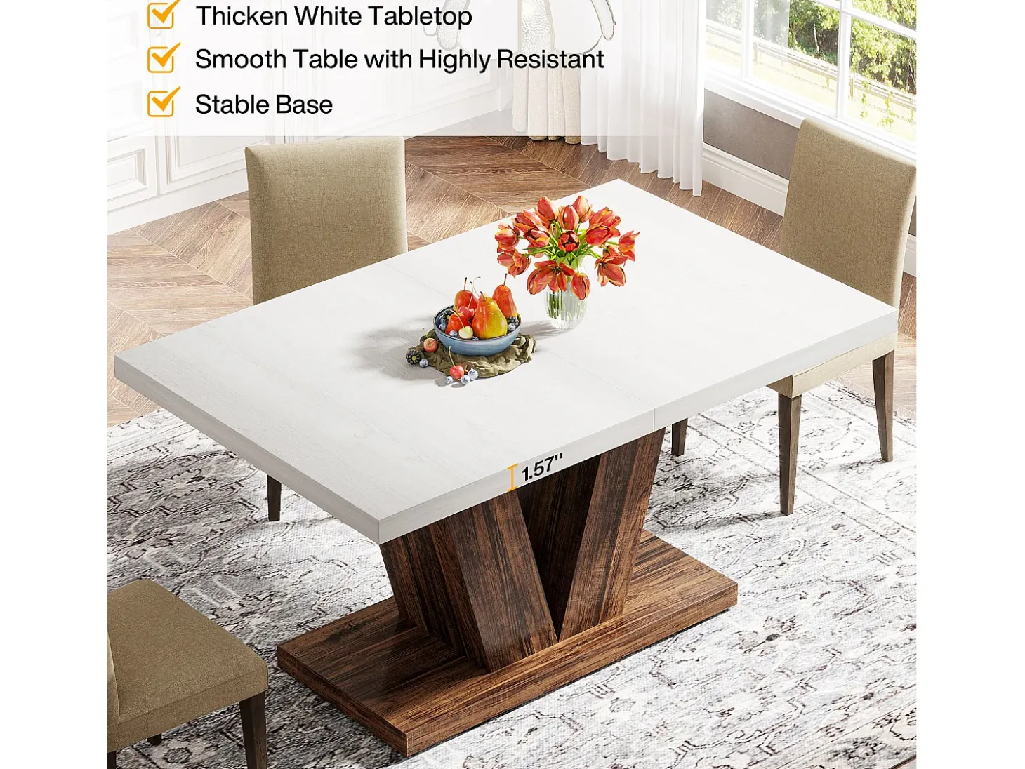 Mesa de comedor de 120 cm para 4 personas, mesa de cocina blanca con pedestal robusto