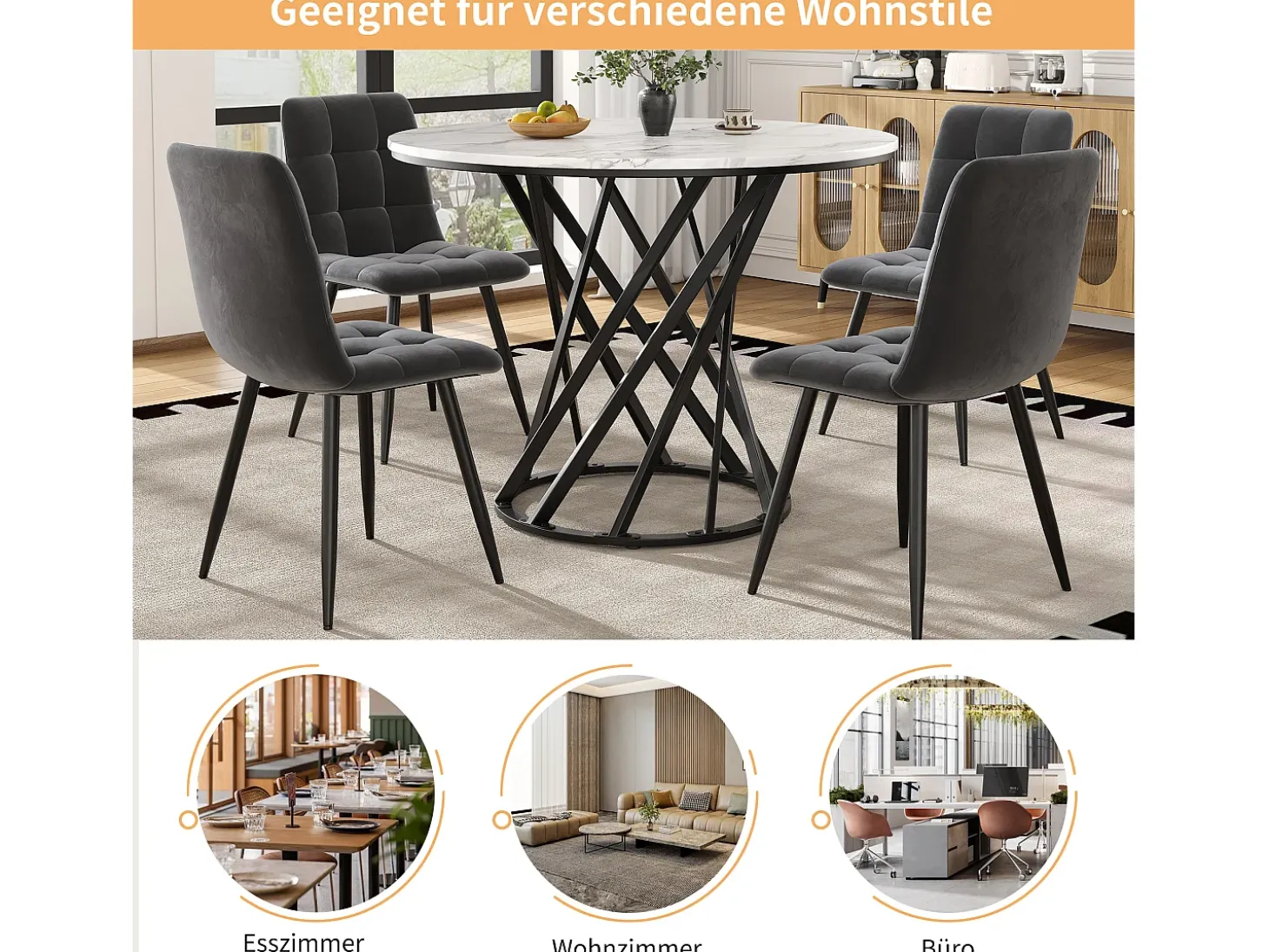 Mesa de comedor de 4 plazas - 80 x 80 x 76 cm - mesa redonda con patas de metal negro - tablero de MDF jaspeado - MDF + metal - negro