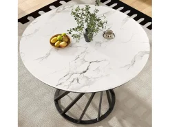 Mesa de comedor de 4 plazas - 80 x 80 x 76 cm - mesa redonda con patas de metal negro - tablero de MDF jaspeado - MDF + metal - negro