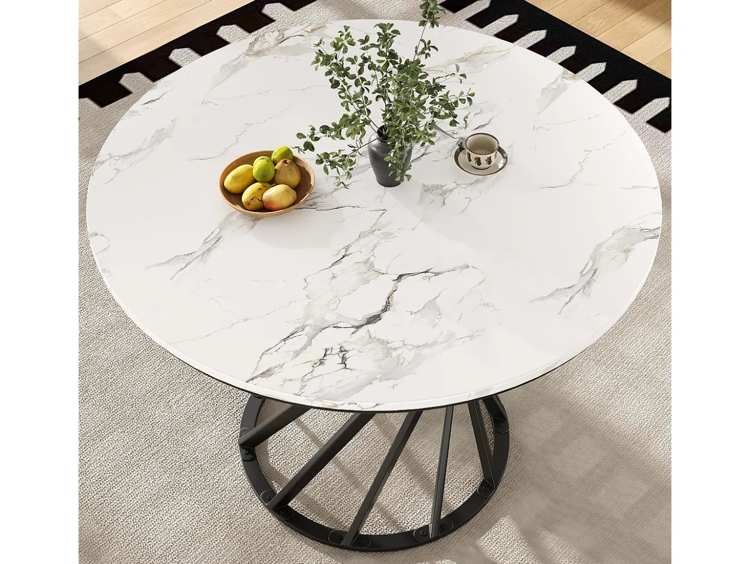 Mesa de comedor de 4 plazas - 80 x 80 x 76 cm - mesa redonda con patas de metal negro - tablero de MDF jaspeado - MDF + metal - negro