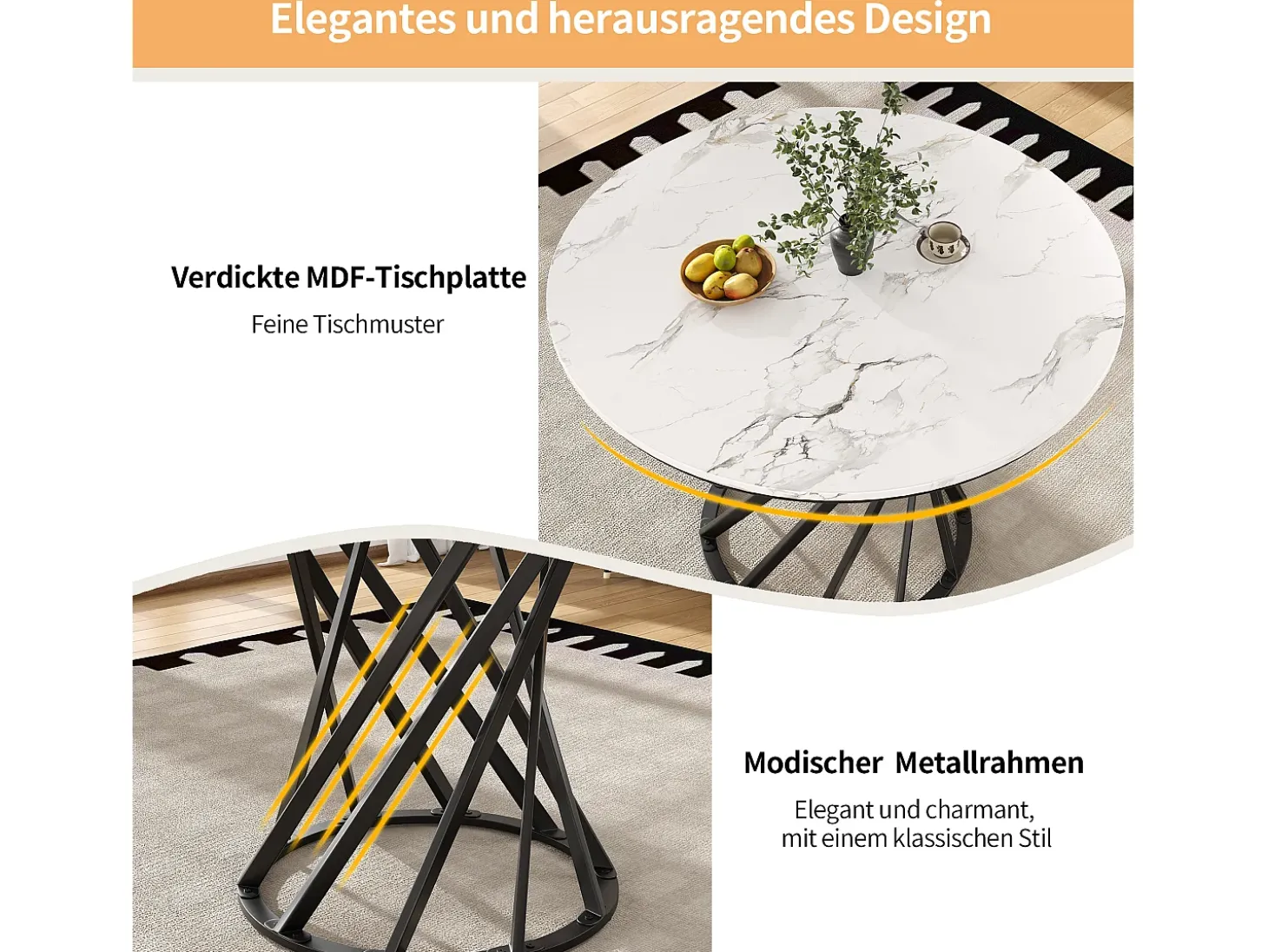 Mesa de comedor de 4 plazas - 80 x 80 x 76 cm - mesa redonda con patas de metal negro - tablero de MDF jaspeado - MDF + metal - negro