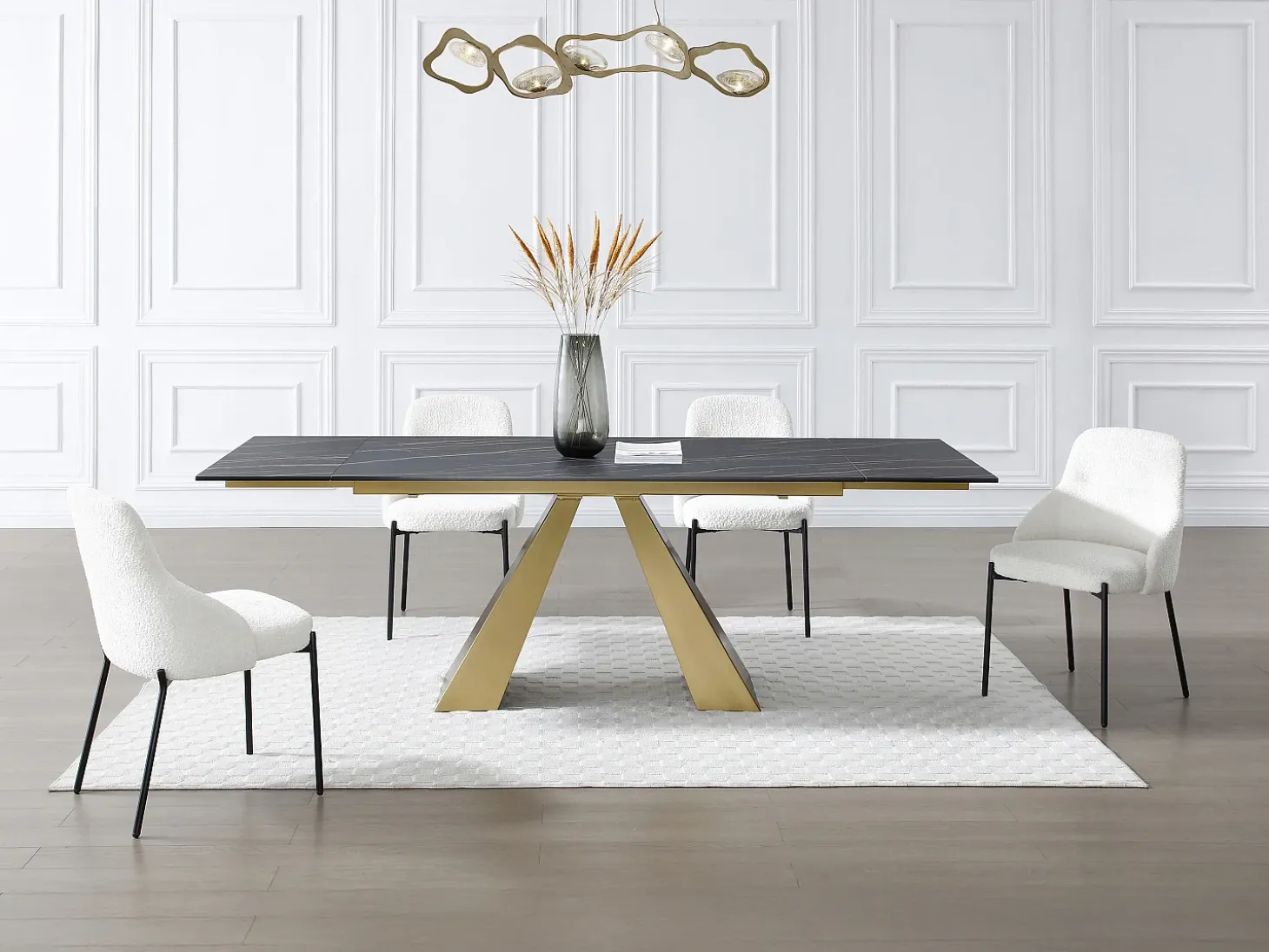 Mesa de comedor de cristal templado, cerámica y metal - Efecto mármol negro y dorado - LOZIPA