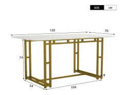 Mesa de comedor de lujo de 120 x 70 cm: estructura de metal, moderna mesa de cocina rectangular con patas doradas.