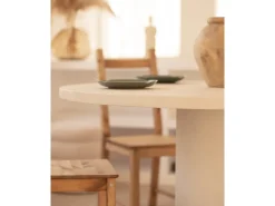 Mesa de comedor de madera de abeto maciza en microcemento redonda y soporte cilíndrico de Ø120x75cm en tono blanco roto - LUCÍA - DECOWOOD