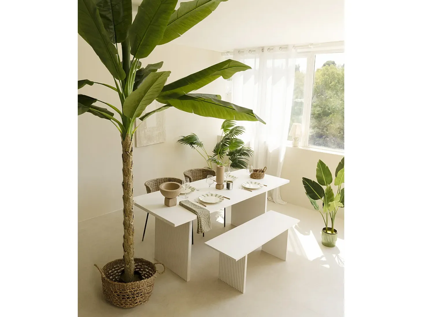 Mesa de comedor de madera de pino maciza rectangular con patas ranuradas Decowood de 200x80cm en tono blanco - BALI - DECOWOOD