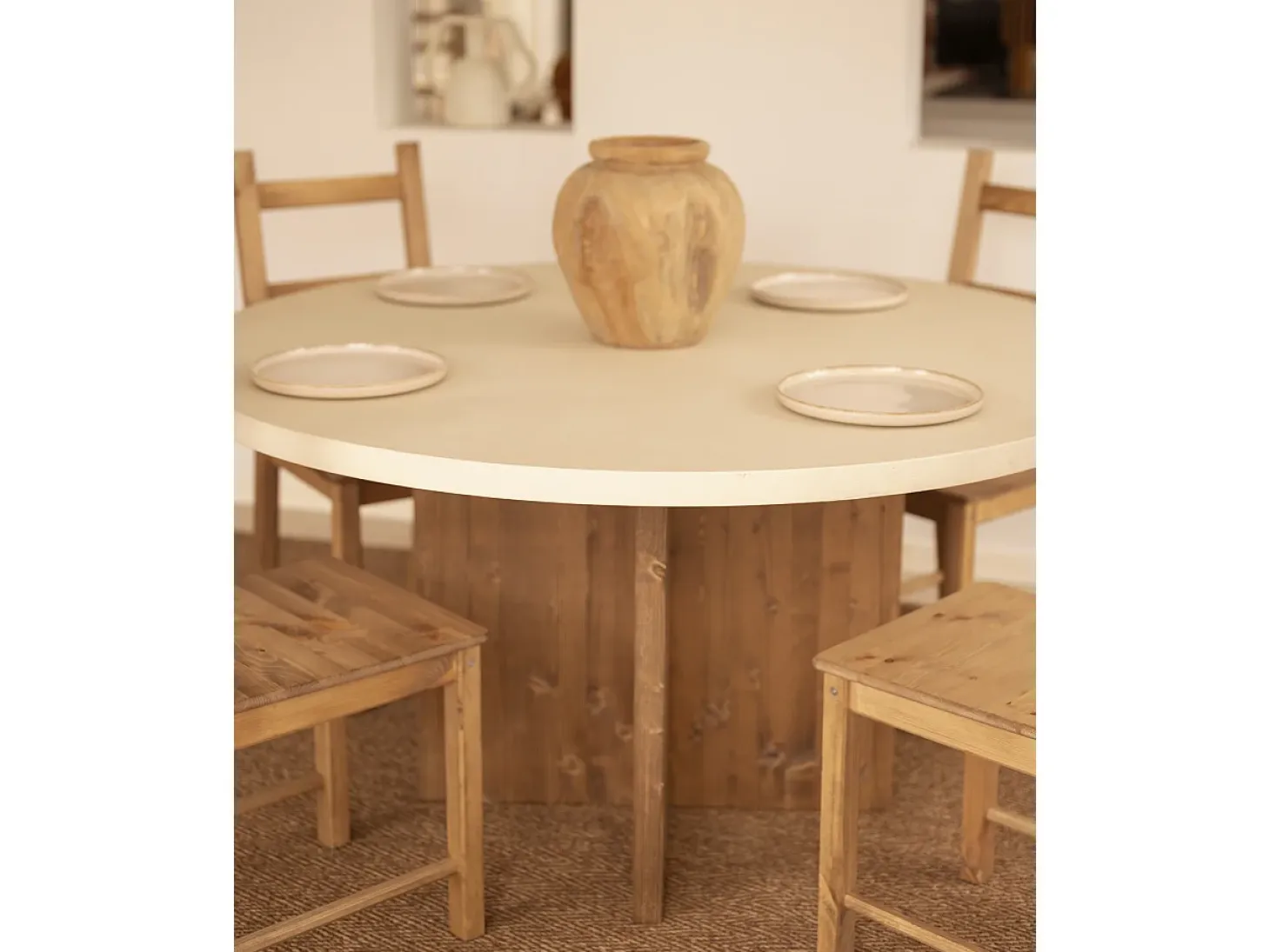 Mesa de comedor de madera maciza de abeto redonda Decowood en tono blanco en microcemento y pata en roble oscuro de Ø110x75cm - TOKYO - DECOWOOD