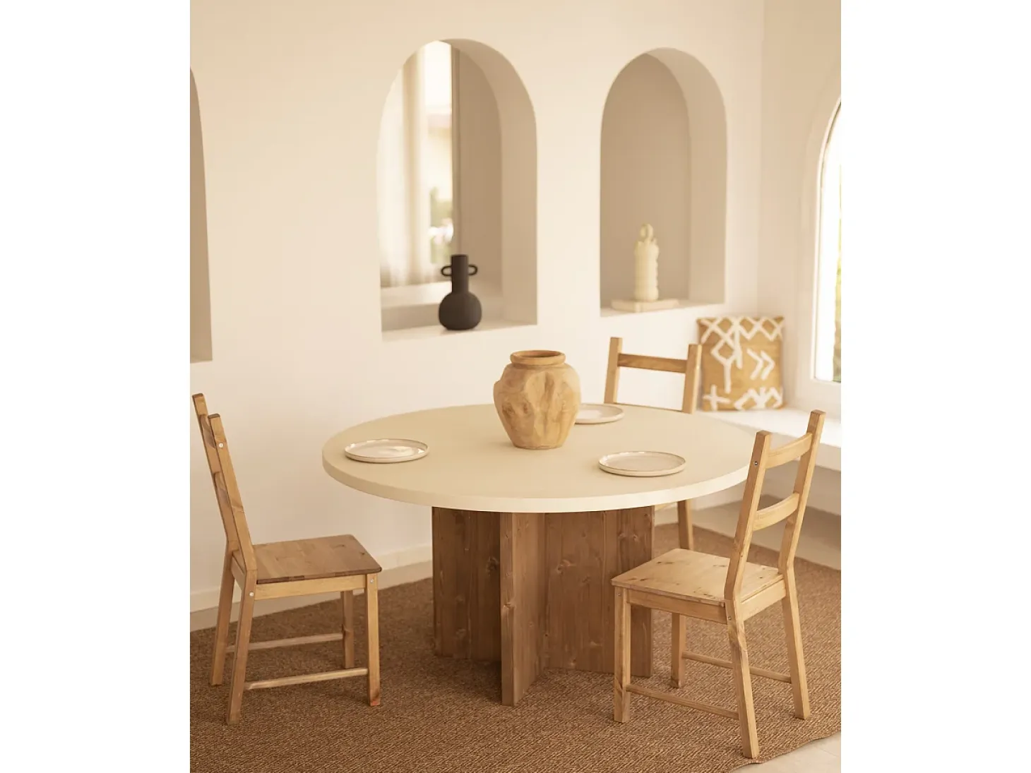 Mesa de comedor de madera maciza de abeto redonda Decowood en tono blanco en microcemento y pata en roble oscuro de Ø110x75cm - TOKYO - DECOWOOD