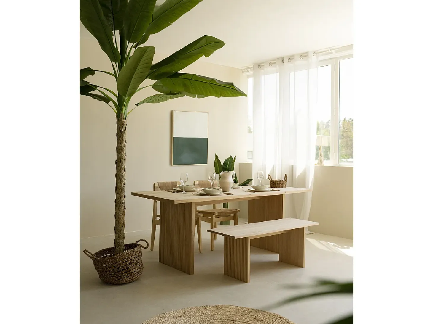 Mesa de comedor de madera de pino maciza rectangular con patas ranuradas Decowood de 200x80cm en tono natural - BALI - DECOWOOD
