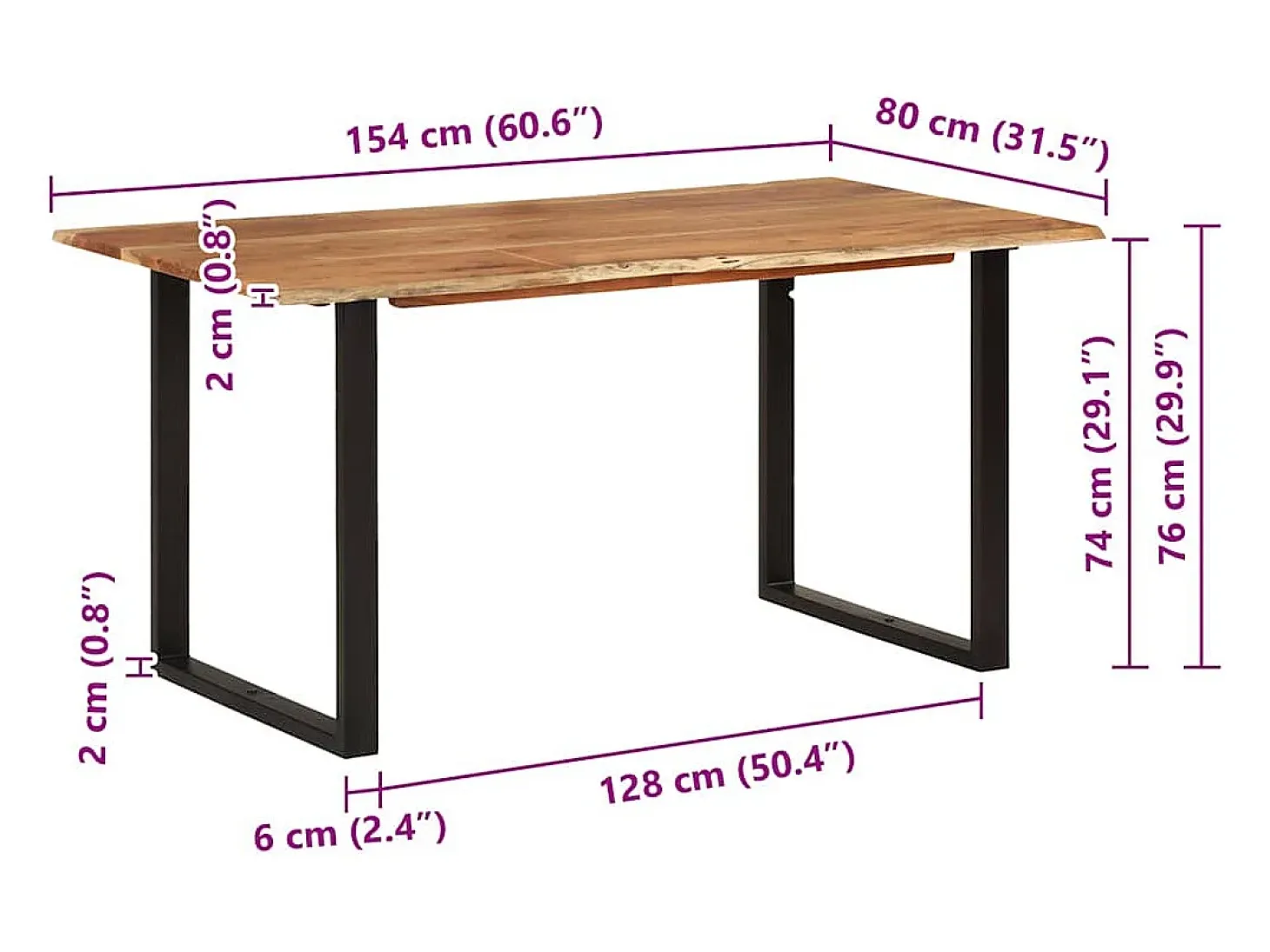 Mesa de comedor de madera maciza de acacia 154x80x76 cm