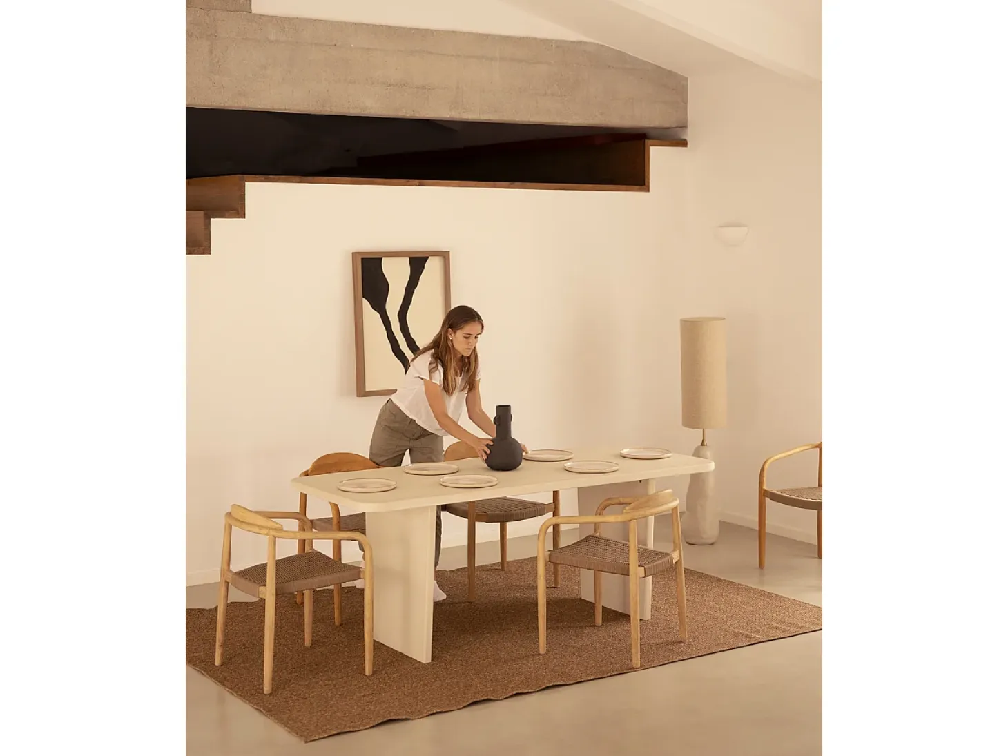 Mesa de comedor de madera de abeto maciza en microcemento rectangular Decowood de 180x75cm en tono blanco roto - BIMBA - DECOWOOD