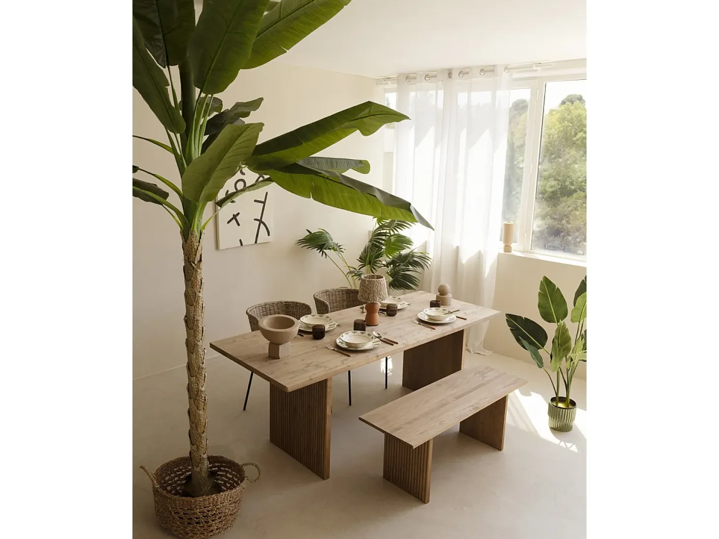 Mesa de comedor de madera de pino maciza rectangular con patas ranuradas Decowood de 140x80cm en tono roble oscuro - BALI - DECOWOOD