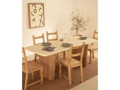 Mesa de comedor de madera de abeto maciza en microcemento rectangular Decowood de 180x75cm en tono blanco roto y patas tono roble oscuro - BIMBA - DECOWOOD