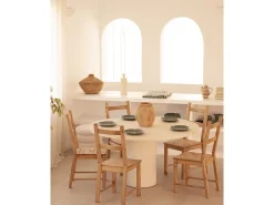 Mesa de comedor de madera de abeto maciza en microcemento redonda y soporte cilíndrico de Ø100x75cm en tono blanco roto - LUCÍA - DECOWOOD