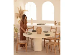 Mesa de comedor de madera de abeto maciza en microcemento redonda y soporte cilíndrico de Ø100x75cm en tono blanco roto - LUCÍA - DECOWOOD