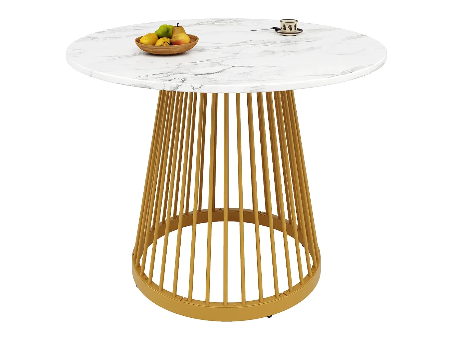 Mesa de comedor de salón 80x80x76 cm, redonda con tablero de MDF de mármol y patas de metal dorado