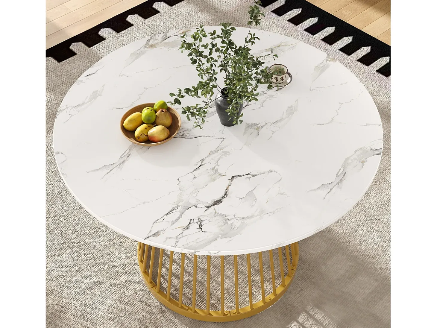 Mesa de comedor de salón 80x80x76 cm, redonda con tablero de MDF de mármol y patas de metal dorado