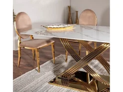 Mesa de comedor Domitille 160x90 de cerámica efecto mármol con patas de metal dorado