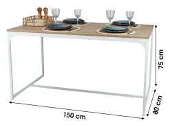 Mesa de comedor estilo industrial colección PUEBLO - Color roble claro con pie de metal blanco, dimensiones 150x80x75 cm