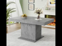 Mesa de comedor extensible, automática, con espacio de almacenaje, Aglomerado, Efecto hormigón, (140/180x80x76 cm)