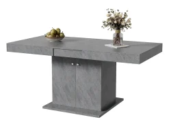Mesa de comedor extensible, automática, con espacio de almacenaje, Aglomerado, Efecto hormigón, (140/180x80x76 cm)