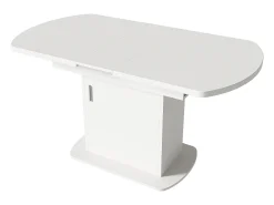 Mesa de comedor extensible ovalada con espacio de almacenamiento, diseño moderno, tablero de partículas, blanco y plateado (L110/130 x An70 x Al75 cm)