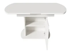 Mesa de comedor extensible ovalada con espacio de almacenamiento, diseño moderno, tablero de partículas, blanco y plateado (L110/130 x An70 x Al75 cm)