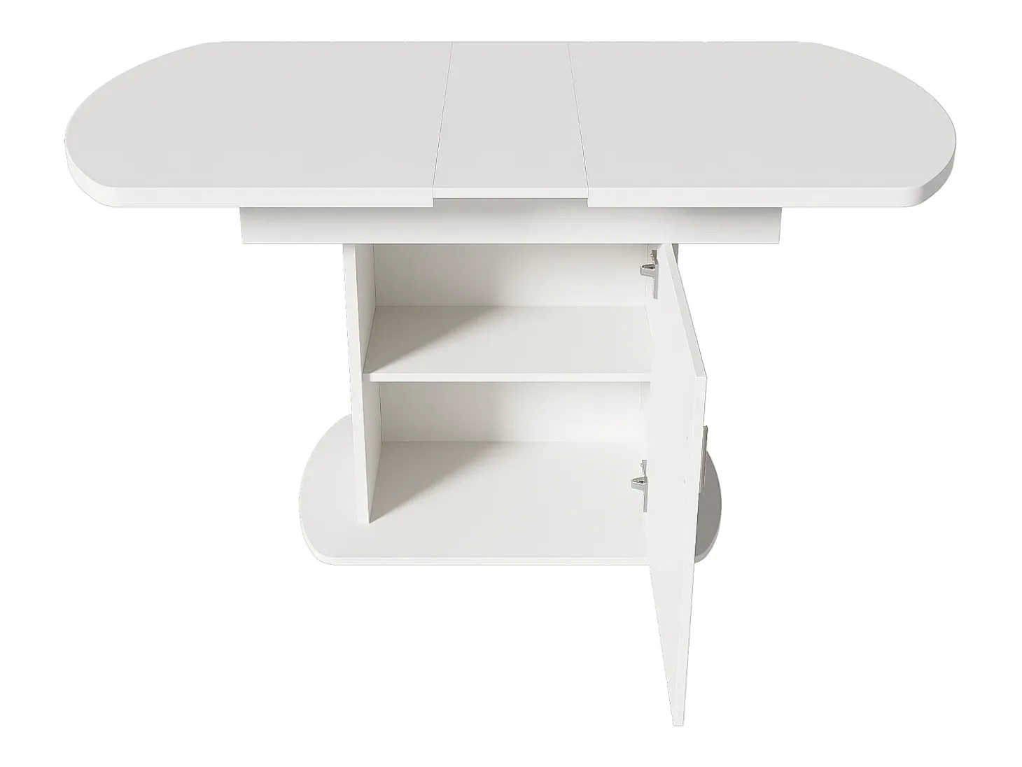 Mesa de comedor extensible ovalada con espacio de almacenamiento, diseño moderno, tablero de partículas, blanco y plateado (L110/130 x An70 x Al75 cm)