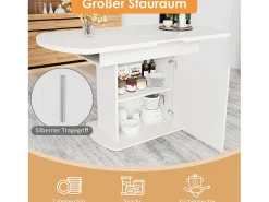 Mesa de comedor extensible ovalada con espacio de almacenamiento, diseño moderno, tablero de partículas, blanco y plateado (L110/130 x An70 x Al75 cm)