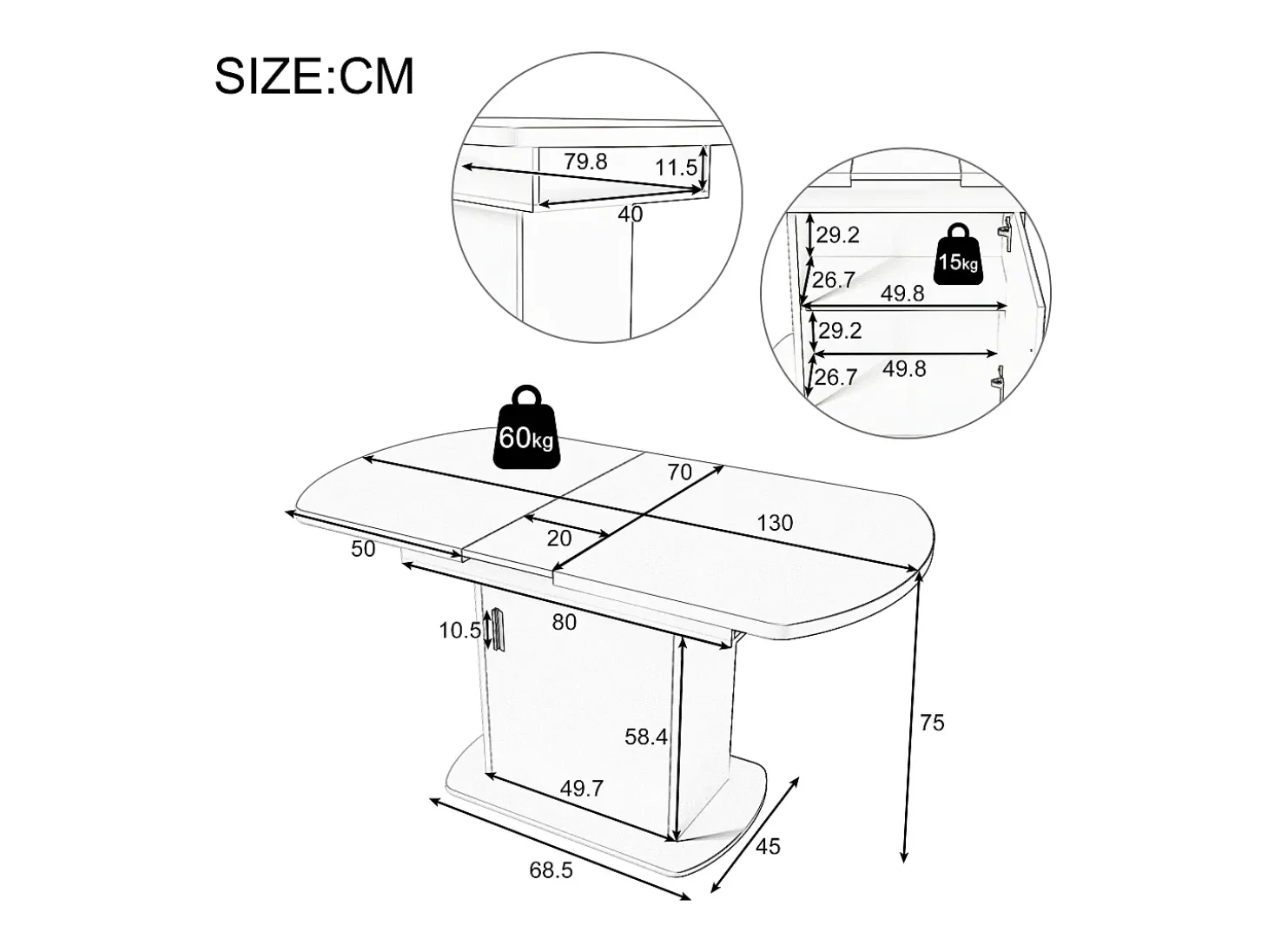 Mesa de comedor extensible ovalada con espacio de almacenamiento, diseño moderno, tablero de partículas, blanco y plateado (L110/130 x An70 x Al75 cm)